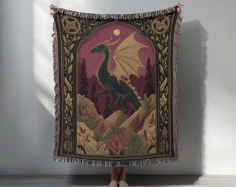 Gothic Medieval Forest Dragon Woven Blanket, Vintage Muted Red Throw, Dark Academia Victorian Tapestry