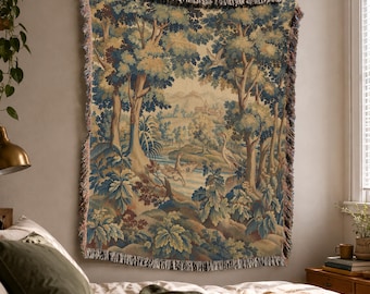 French Verdure Woven Blanket with Woodland Birds in Vintage Ornamental European Tapestry Style
