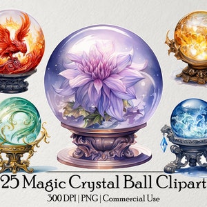 Bundle de 25 cliparts boule de cristal magique, aquarelle école de magie PNG, sublimation, journal indésirable, téléchargement numérique, usage commercial, éphémères