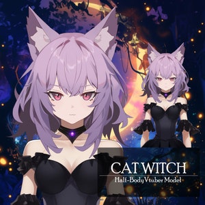 May include: A digital illustration of a cat witch with purple hair and a black dress. The image is labeled "CAT WITCH Half-Body Vtuber Model".