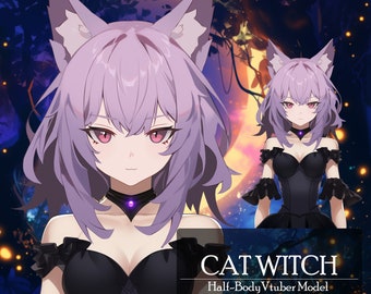 Rigged Vtuber Model: Katze Hexe, Vorgefertigtes Live2D Weibliches Vtuber Modell, Vtube Studio Geeignet,Anpassbar,PNGTuber,Cute,Kawaii,Chibi,Tier