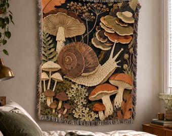Snail Woven Blanket, Mushroom Cottagecore, Decorative Wall Tapestry, Boho Throw, Goblincore