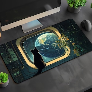 May include: A black cat sits in a spaceship looking out a window at a blue and green Earth. The window is round and has a white frame. The spaceship is gray and has a lot of buttons and controls.