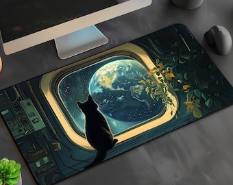 Cat Watching Earth Desk Mat,Botanical Cottagecore Gaming Mousepad,Kawaii Anime Lofi Space Travel Scifi Office Gift,Serene Nature MTG Playmat