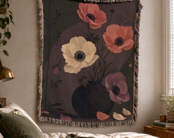Floral Woven Blanket, Moody Cottagecore, Floral Wall Tapestry, Boho Throw, Witchy Decor