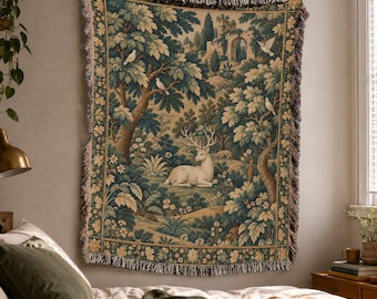 Stag Woven Blanket Tapestry with French Verdure Woodland Landscape in Vintage Ornamental Decor Style