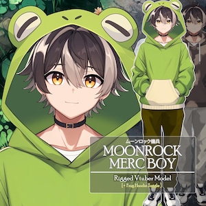 May include: A digital illustration of a character wearing a green frog hoodie with a white shirt underneath and a black choker. The text "MOONROCK MERC BOY" is displayed below the character, along with "Rigged VTuber Model" and "[+ Frog Hoodie Toggle]"