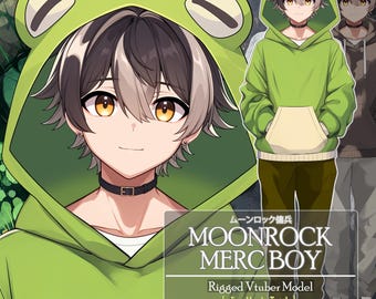 Premade Vtuber: Moonrock Merc Boy With Frog Hoodie Toggle,Rigged Live2D Male Vtuber Model,Customizable Wolf Fox Cat Chibi Kitsune Men Vtuber
