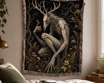 Wendigo Woven Blanket, Folklore Cottagecore, Decorative Wall Tapestry, Boho Throw, Cryptid Decor