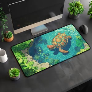 May include: A rectangular mouse pad featuring a cartoon turtle swimming in a pond. The turtle has a brown and orange shell, with green and blue water and foliage surrounding it. The mouse pad has a black border.