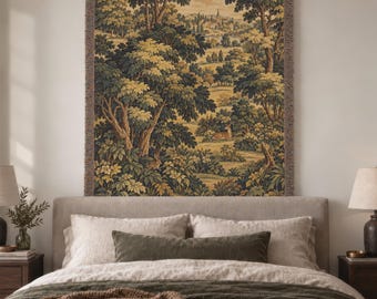 French Verdure Woven Blanket with Mediterranean Woodland Scene in Vintage European Tapestry Style