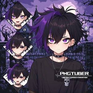 May include: A digital illustration of a young person with black and purple hair wearing a black t-shirt, a silver chain necklace with a skull pendant, and a black choker with silver studs. The background is a pixelated image of a graveyard with a full moon.