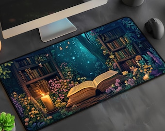 Enchanted Bookish Cottagecore Desk Mat, Dark Botanical Floral Fantasy Gaming Mouse Pad, Cute Lofi Cozy Wildflower Library Witchy Office Gift