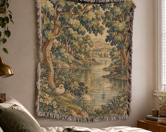 French Verdure Woven Blanket with Swan Lake in Vintage Ornamental Pastoral Style