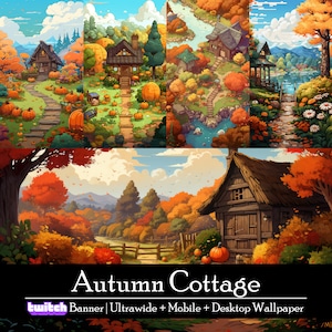 20 Autumn Cottage And Pumpkins Wallpaper Bundle, Twitch Streaming Banner, Ultrawide, Mobile And Desktop Background, Instant Download, Kawaii