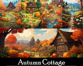 20 Autumn Cottage And Pumpkins Wallpaper Bundle, Twitch Streaming Banner, Ultrawide, Mobile And Desktop Background, Instant Download, Kawaii
