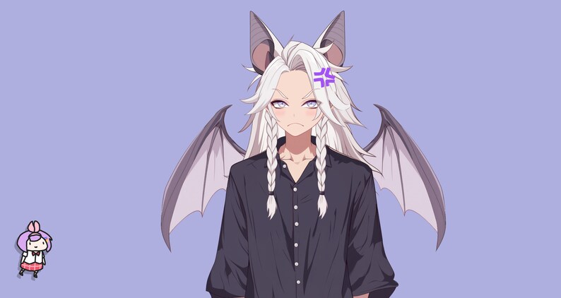 Op de afbeelding: Een anime-personage met wit haar en vleermuisvleugels, die een zwart knoopshirt draagt. Ze hebben een paarse bloem in hun haar en een gefrustreerde uitdrukking.