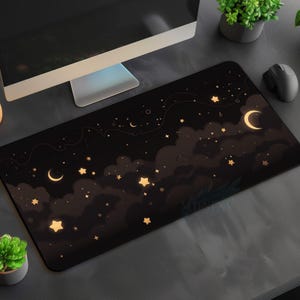 Simple Minimal Whimsy Dream Star Desk Mat, Kawaii Gothic Moon Cloud Mousepad, Lorcana MTG Playmat, Black Gold Celestial Witchy Office Gift