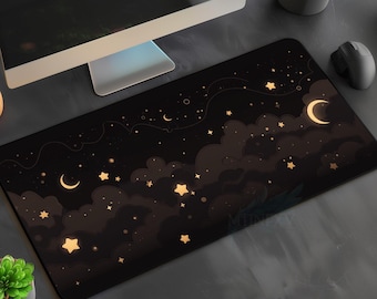 Simple Minimal Whimsy Dream Star Desk Mat, Kawaii Gothic Moon Cloud Mousepad, Lorcana MTG Playmat, Black Gold Celestial Witchy Office Gift