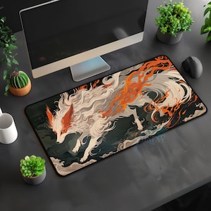 Fire Cloud Kitsune Large XL Desk Mat, Japanese Red Fox Spirit Aesthetic Mouse Pad, Ukiyo-e, Boy Gaming Desk Gifts,Home Office Cute Furry Art