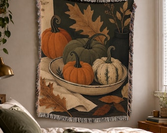 Pumpkin Woven Blanket, Autumn Cottagecore, Botanical Wall Tapestry, Boho Throw, Still Life Decor