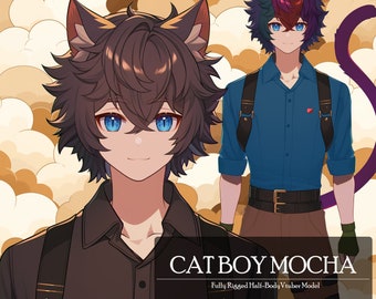 Fully Rigged Vtuber: Cat Boy Mocha, Cat Vtuber, Live2D Male Vtuber Model,PNGTuber,Discord Twitch Streaming, Instant Download, Commercial Use