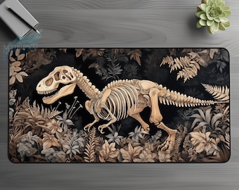 T-Rex Fossil Wildflower Desk Mat, Vintage Boho Pattern Tapestry, Jurassic Dinosaur Gaming Mouse Pad, Cottagecore Forest Plants Desktop Decor