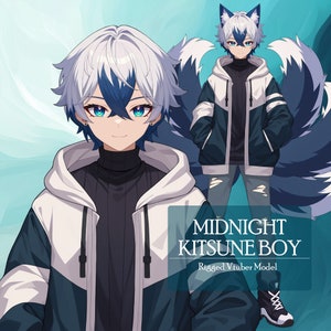 Premade Vtuber: Midnight Kitsune Boy, Live2D Male Vtuber, Rigged Vtuber Model,PNGTuber,Cute, Fox,Cat,Chibi, Instant Download, Commercial Use