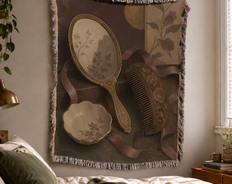 Vanity Woven Blanket, Dark Cottagecore, Vintage Wall Tapestry, Boho Throw, Still Life Decor