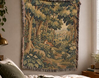 Woodland Fox Woven Blanket with Pastoral Nature in French Verdure Tableau Vintage Ornamental Style