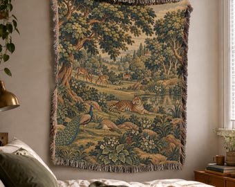 French Verdure Woven Blanket Tapestry with Menagerie Woodland Animals in Vintage Ornamental Tableau Style