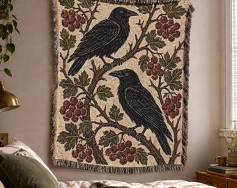 Raven Woven Blanket, Botanical Cottagecore, Decorative Wall Tapestry, Boho Throw, Nature Decor