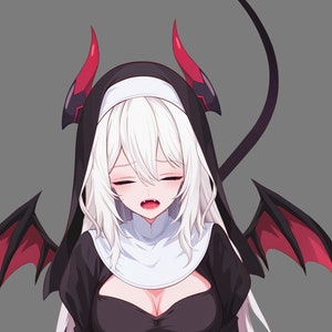 May include: An anime character with white hair, red horns and black wings, wearing a black and white nun's habit.