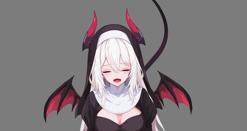 May include: An anime character with white hair, red horns and black wings, wearing a black and white nun's habit.