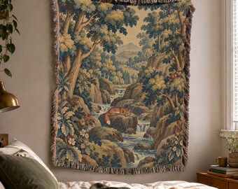 Woodland Woven Blanket with Sleeping Fox in French European Verdure Tableau Style