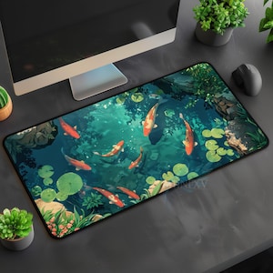 Japanese Koi Fish Pond XL Desk Mat,Studio Ghibli Inspired Anime Lofi Gaming Mouse Pad,Catfish Lilypad Home Office Gift,Cozy,Spring Water,Zen