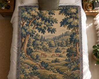 Woodland Woven Blanket with French Verdure Tableau in Vintage Modern Ornamental European Tapestry Style