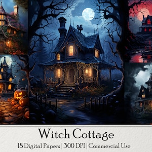Pode incluir: Um conjunto de 18 papéis digitais com várias ilustrações de casas de bruxas assustadoras, escuras e misteriosas. As casas são representadas em diferentes ambientes, como uma floresta iluminada pela lua, uma noite tempestuosa e um caminho cheio de abóboras.