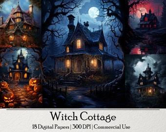 18 Witch Cottage Digital Illustrations, Instant Download, Commercial Use, Ephemera, Junk Journal, Halloween Digital Paper Background,Fantasy