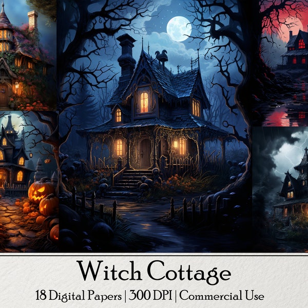 18 Witch Cottage Digital Illustrations, Instant Download, Commercial Use, Ephemera, Junk Journal, Halloween Digital Paper Background,Fantasy