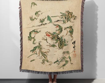 Battle Of The Frogs Woven Blanket, Kyosai Vintage Japanese Art Tapestry, Historical Reading Throw