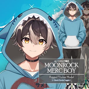 Vorgefertigter Vtuber: Moonrock Merc Boy mit Hai Hoodie Toggle, manipulierte Live2D männlich Vtuber Modell, anpassbare Wolf Fox Katze Chibi Kitsune Männer Vtuber