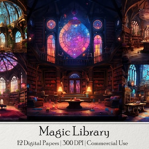 May include: A digital paper pack featuring 12 images of a magical library with stained glass windows, bookshelves, and glowing lights. The images are ideal for creating fantasy-themed projects.