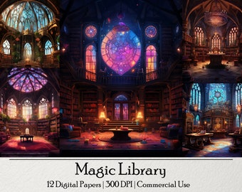 12 Magic Library Digital Illustrations, Instant Download,Commercial Use,Ephemera,Junk Journal,Wizard School Digital Paper Background,Fantasy