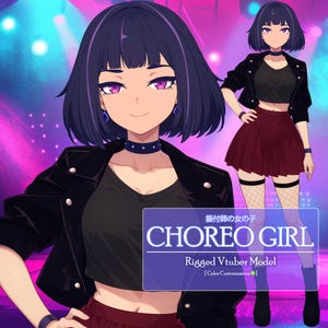Puede incluir: Ilustración de una Choreo Girl, un modelo Vtuber manipulado. El personaje tiene cabello oscuro, ojos morados y lleva una chaqueta negra, gargantilla y una falda roja. La imagen tiene un fondo morado y rosa.