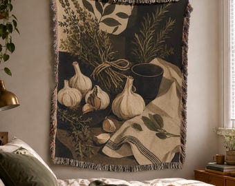 Garlic Woven Blanket, Moody Cottagecore, Vintage Wall Tapestry, Farmhouse Throw, Still Life Decor