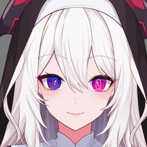 May include: A close-up of a woman's face with white hair and a black and red headband. She has pink cheeks and is smiling. Her eyes are a striking contrast, one blue with a pink ring, the other pink with a blue ring.