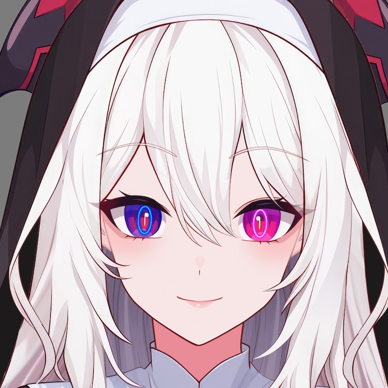 May include: A close-up of a woman's face with white hair and a black and red headband. She has pink cheeks and is smiling. Her eyes are a striking contrast, one blue with a pink ring, the other pink with a blue ring.