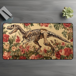 Botanical T Rex Fossil Desk Mat, Vintage Baroque Mouse Pad, Wildflower Succulent Topper, Jurassic Park Playmat, Botanical Office Decor Desk