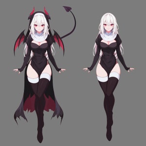 May include: Two illustrations of a woman with long white hair wearing a black nun's habit with a red trim and a white collar. One illustration has a red devil tail and horns.